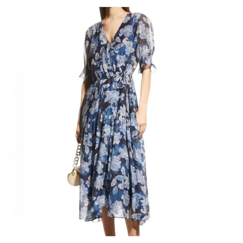 Johnny Was Jade Mar Wrap Midi Dress Small Floral Blue Cotton Silk